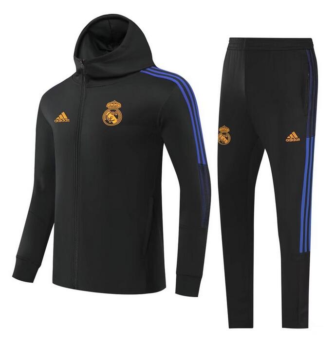 2021/22 Real Madrid Black Blue Training Kits Hoodie Jacket with Pants